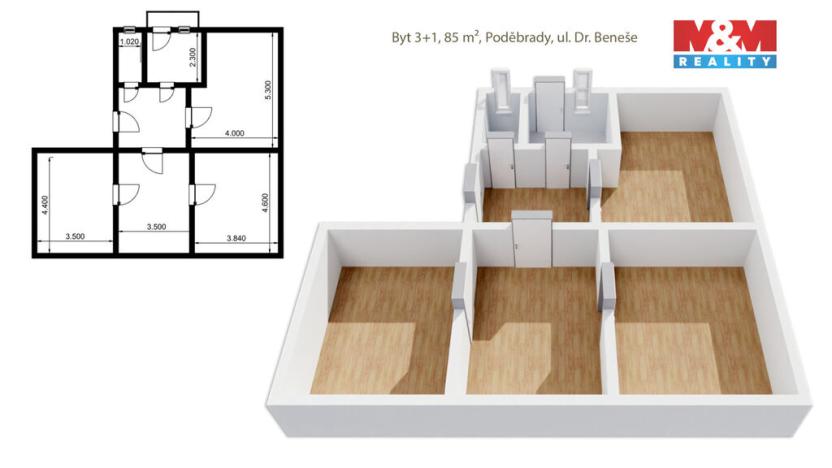 Prodej bytu 3+1, Poděbrady - Poděbrady II, Dr. Beneše, 85 m2