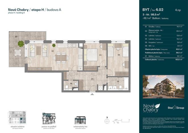 Prodej bytu 3+kk, Praha - Dolní Chabry, U váhy, 86 m2