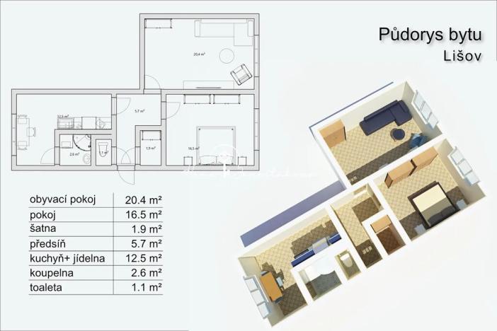 Prodej bytu 2+1, Lišov, Čechova, 63 m2