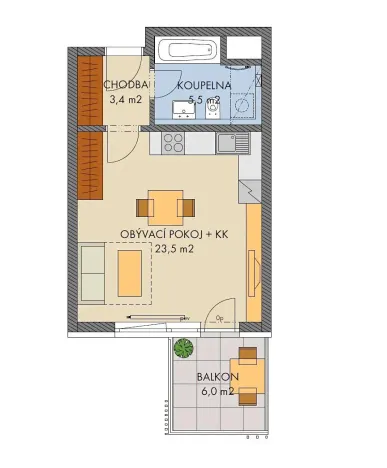 Prodej bytu 1+kk, Praha - Hlubočepy, Baarové, 33 m2