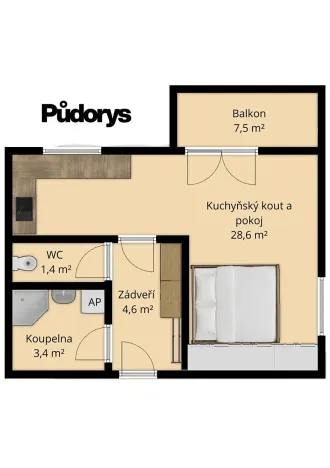 Pronájem bytu 1+kk, Plzeň, Vysoká, 38 m2