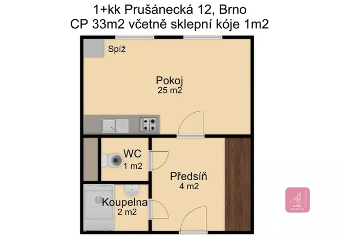 Prodej bytu 1+kk, Brno, Prušánecká, 33 m2