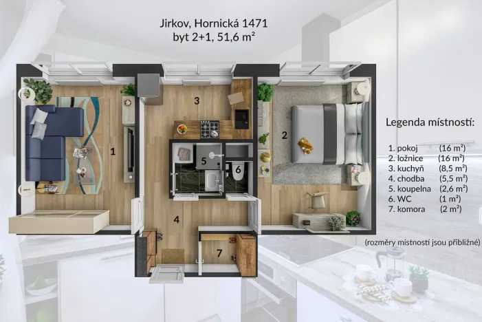 Pronájem bytu 2+1, Jirkov, Hornická, 51 m2