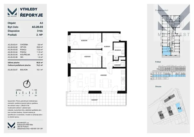 Prodej bytu 3+kk, Praha - Řeporyje, Jáchymovská, 74 m2