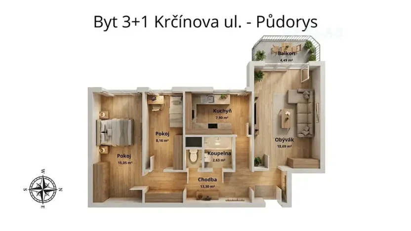 Prodej bytu 3+1, České Budějovice, Krčínova, 70 m2