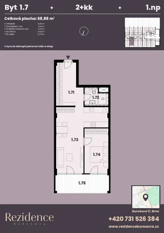 Prodej bytu 2+kk, Brno, Burešova, 70 m2