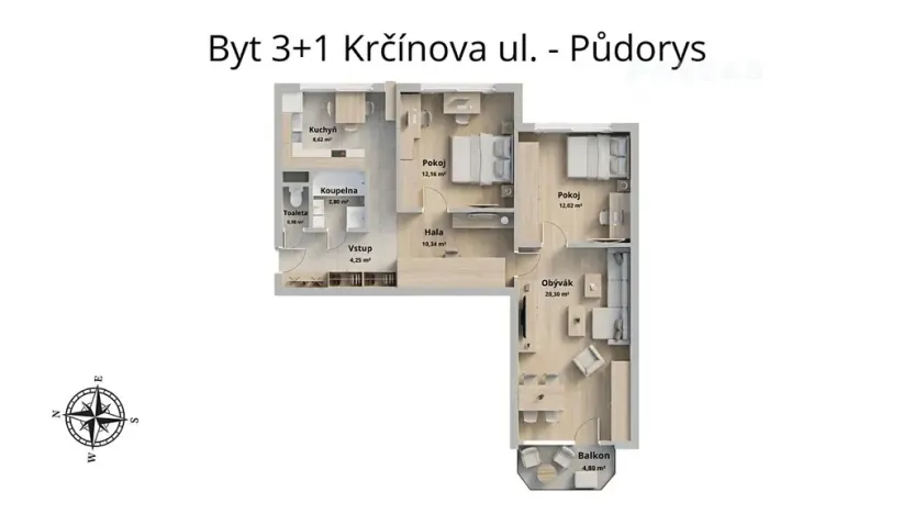 Prodej bytu 3+1, České Budějovice, Krčínova, 78 m2