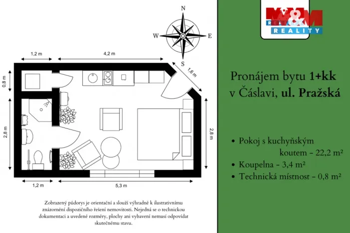 Pronájem bytu 1+kk, Čáslav - Čáslav-Nové Město, Pražská, 26 m2