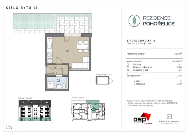 Pronájem bytu 1+kk, Pohořelice, 30 m2