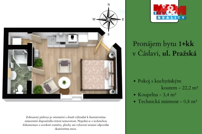 Pronájem bytu 1+kk, Čáslav - Čáslav-Nové Město, Pražská, 26 m2