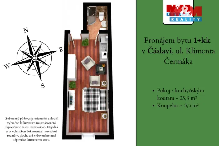 Pronájem bytu 1+kk, Čáslav - Čáslav-Staré Město, Klimenta Čermáka, 28 m2