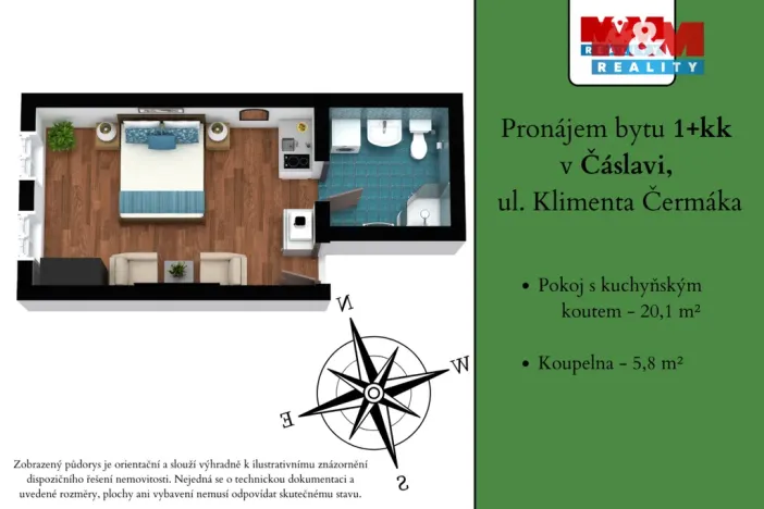 Pronájem bytu 1+kk, Čáslav - Čáslav-Staré Město, Klimenta Čermáka, 26 m2