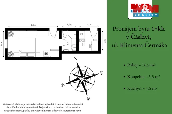 Pronájem bytu 1+kk, Čáslav - Čáslav-Staré Město, Klimenta Čermáka, 24 m2