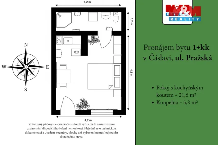 Pronájem bytu 1+kk, Čáslav - Čáslav-Nové Město, Pražská, 27 m2