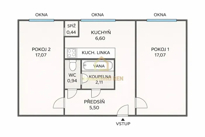 Prodej bytu 2+1, Ostrava, Adamusova, 53 m2
