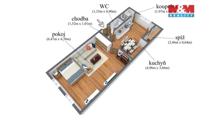 Prodej bytu 1+1, Chabařovice, Husovo náměstí, 59 m2