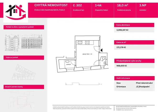 Prodej bytu 1+kk, Praha - Nové Město, Kateřinská, 18 m2