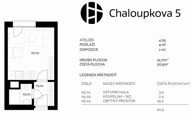 Pronájem bytu 1+kk, Brno, Chaloupkova, 22 m2