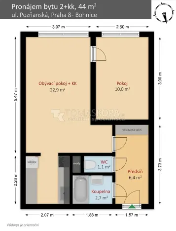Pronájem bytu 2+kk, Praha - Bohnice, Poznaňská, 44 m2