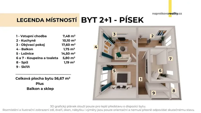 Pronájem bytu 2+1, Písek, Erbenova, 57 m2