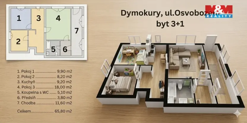 Prodej bytu 3+1, Dymokury, Osvobození, 65 m2
