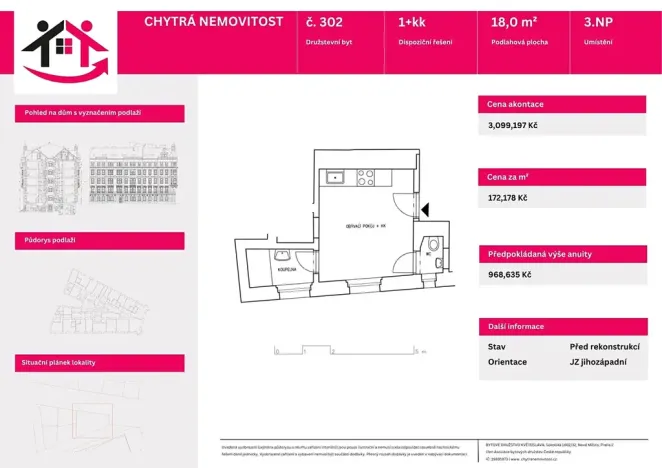 Prodej bytu 1+kk, Praha - Nové Město, Kateřinská, 18 m2