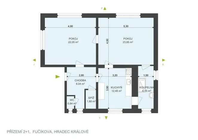Pronájem bytu 2+1, Hradec Králové, Fučíkova, 75 m2