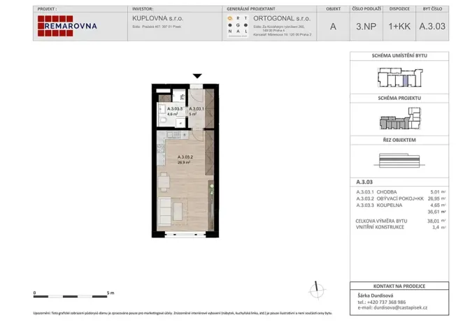 Pronájem bytu 1+kk, Písek, Pražská, 38 m2