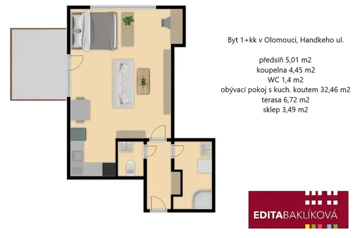 Pronájem bytu 1+kk, Olomouc, Handkeho, 43 m2