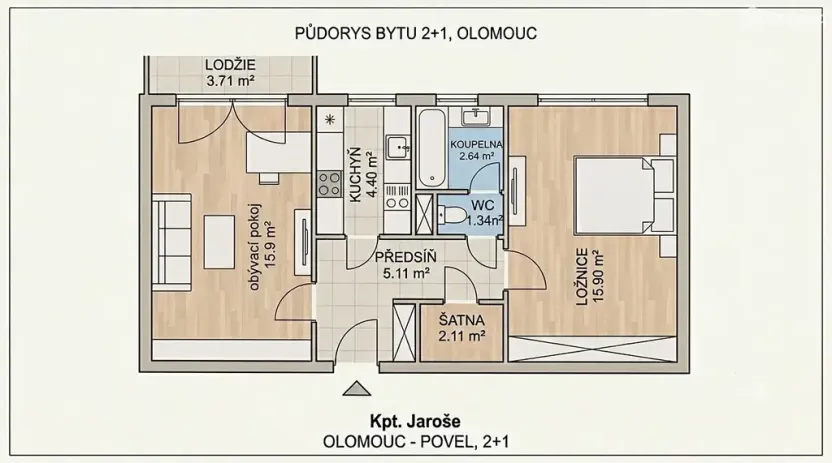 Prodej bytu 2+1, Olomouc, kpt. Jaroše, 51 m2