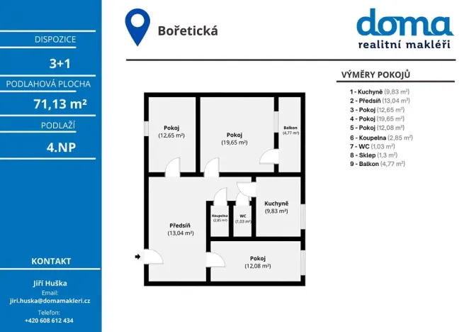 Prodej bytu 3+1, Brno, Bořetická, 71 m2