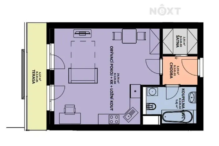 Pronájem bytu 1+kk, Pardubice, U Sportovní školy, 44 m2