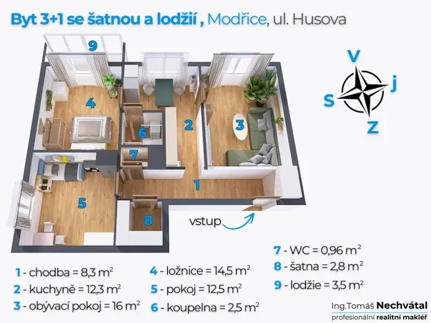 Prodej bytu 3+1, Modřice, Husova, 70 m2
