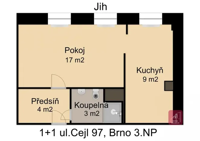 Prodej bytu 1+1, Brno, Cejl, 33 m2