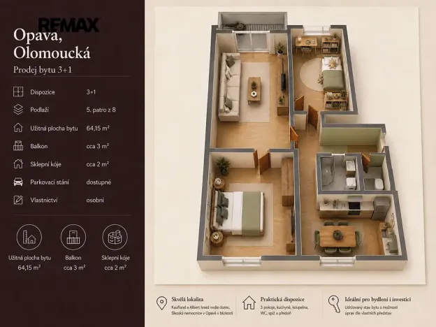 Prodej bytu 3+1, Opava, Olomoucká, 64 m2