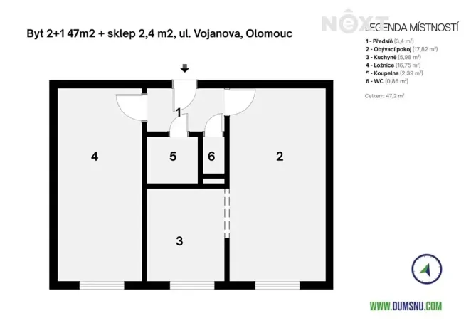Prodej bytu 2+1, Olomouc, Vojanova, 47 m2