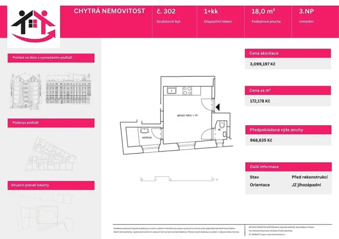 Prodej bytu 1+kk, Praha - Nové Město, Kateřinská, 18 m2