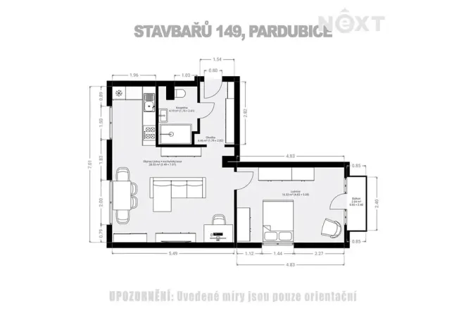 Prodej bytu 2+kk, Pardubice, Stavbařů, 53 m2