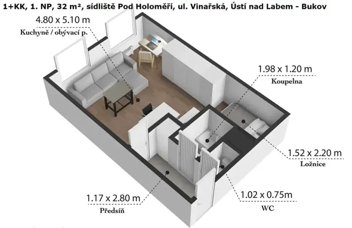 Prodej bytu 1+kk, Ústí nad Labem, Vinařská, 32 m2