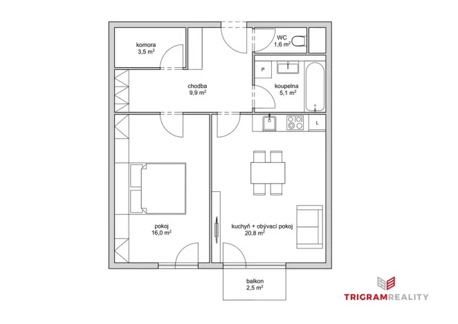 Pronájem bytu 2+kk, Hradec Králové - Třebeš, Pod Zámečkem, 60 m2