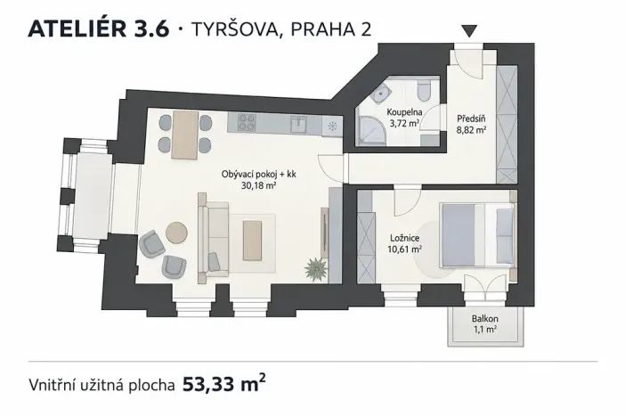 Prodej bytu 2+kk, Praha - Nové Město, Tyršova, 56 m2